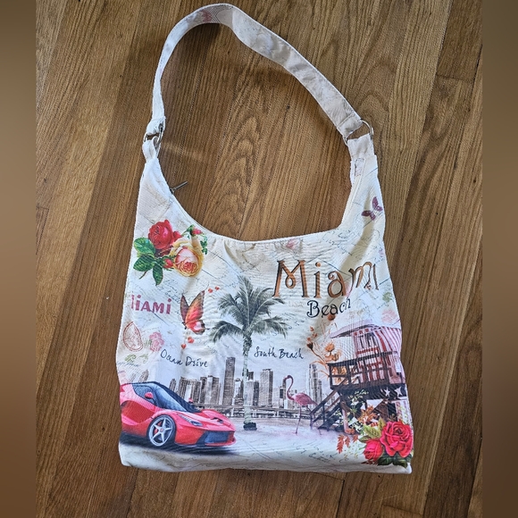 Miami Beach Vacation Postcard Print Zippered Shoulder Bag NWOT - Picture 2 of 12